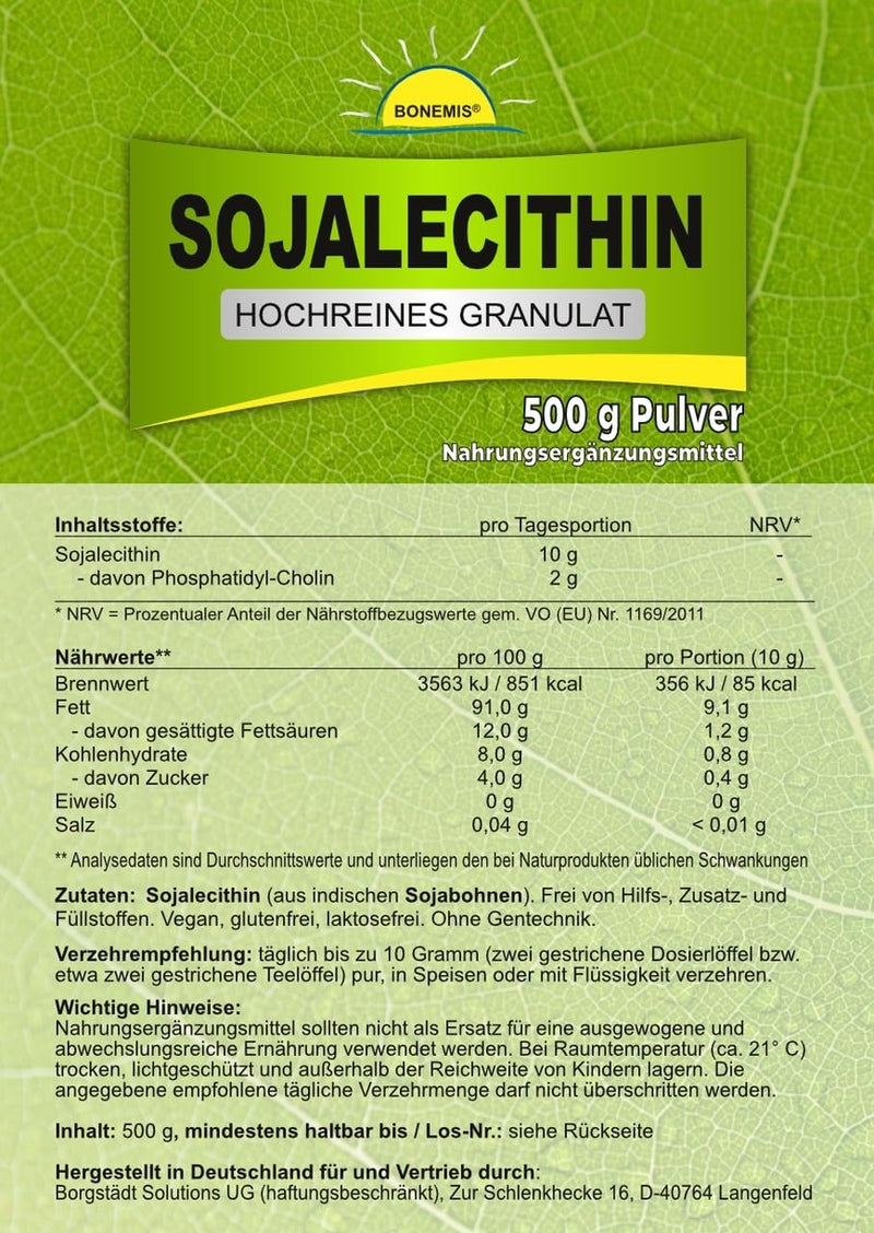 Soy lecithin, highly pure granules without additives, 500 grams, premium quality tested in Germany, Bonemis® - NewNest Australia