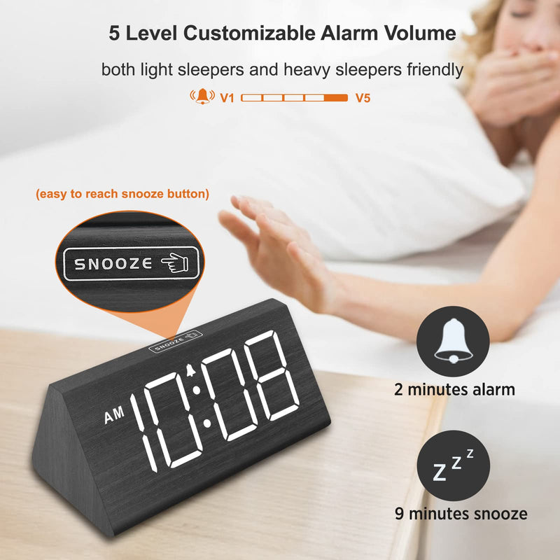 DreamSky Wooden Digital Alarm Clocks for Bedrooms - Electric Desk Clock with Large Numbers, USB Port, Battery Backup Alarm, Adjustable Volume, Dimmer, Snooze, DST, 12/24H, Wood Décor Black - NewNest Australia