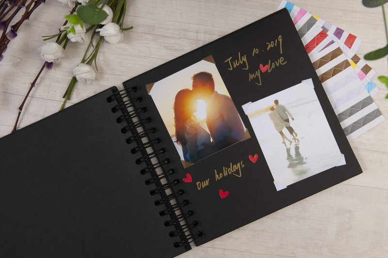 potricher 8 x 8 Inch DIY Scrapbook Photo Album Hardcover Kraft Blank Black Page Wedding and Anniversary Family Photo Album (Black, 8 Inch) - NewNest Australia