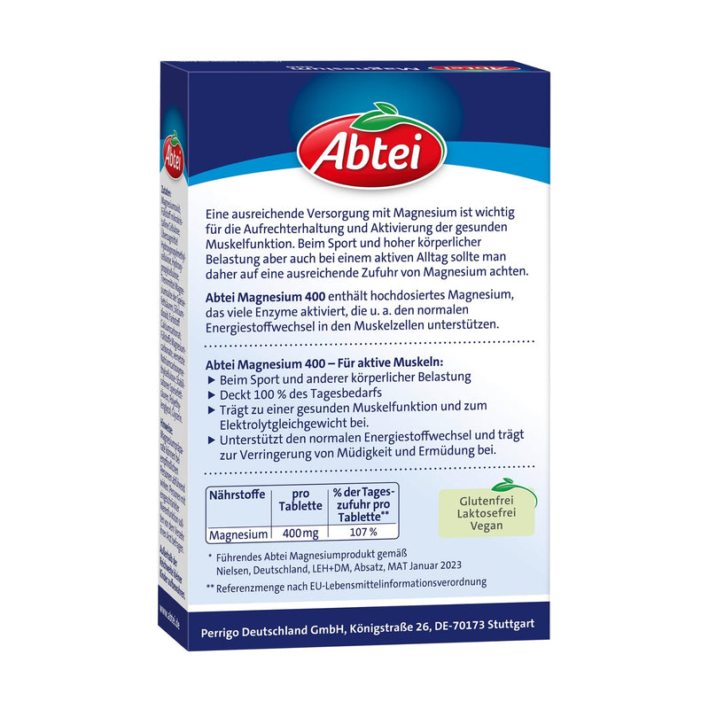 Abtei Magnesium 400 - high-dose magnesium - for active muscles - laboratory-tested, gluten-free, lactose-free and vegan - 30 tablets New - NewNest Australia