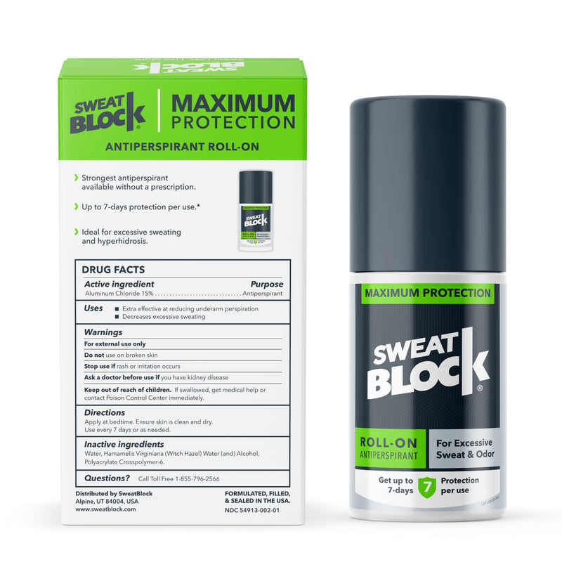 SweatBlock Antiperspirant Roll-on - Maximum Clinical Strength with DRIBOOST | Treat Hyperhidrosis, Excessive Sweat & Odor | Up to 7 Days Sweat Control Per Use | Unisex | 1.2 FL OZ - NewNest Australia