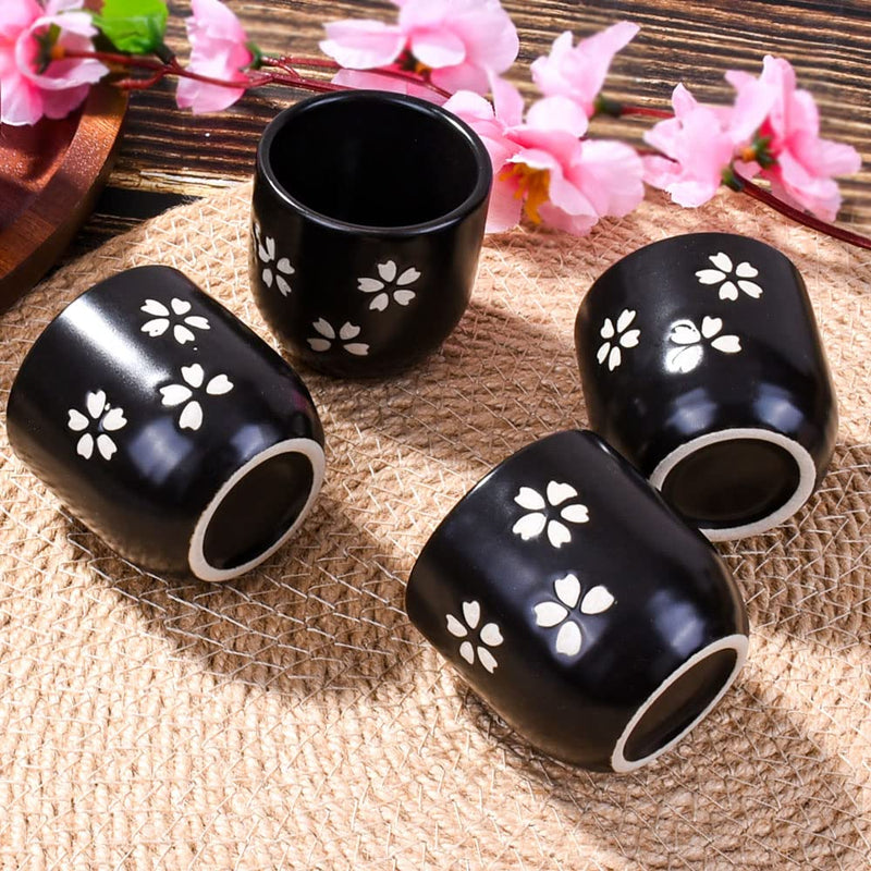 BOSILI Ceramic Japanese Sake Set 1 Sake Bottle and 4 Sake Cups 5 Pieces Black Cherry Blossom Style for Sake White Wine(Black) - NewNest Australia