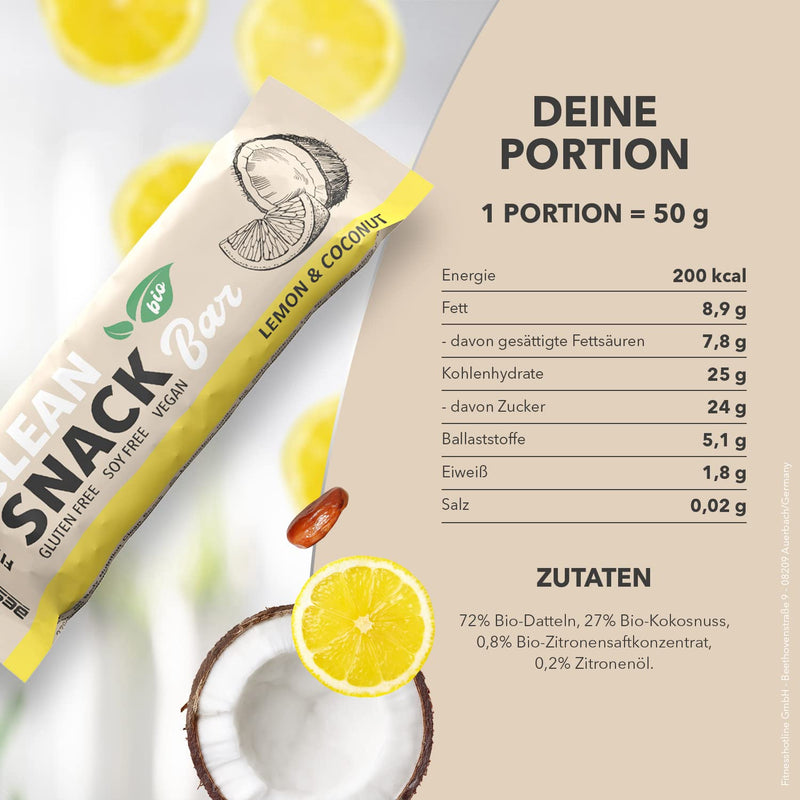 Best Body Nutrition - Bio Clean Snack Bar Organic Energy Bar With Dates From Organic Agriculture - Gluten Free, Vegan & No Additives - Lemon & Coconut Flavor - 20 X 50 G Bars - NewNest Australia
