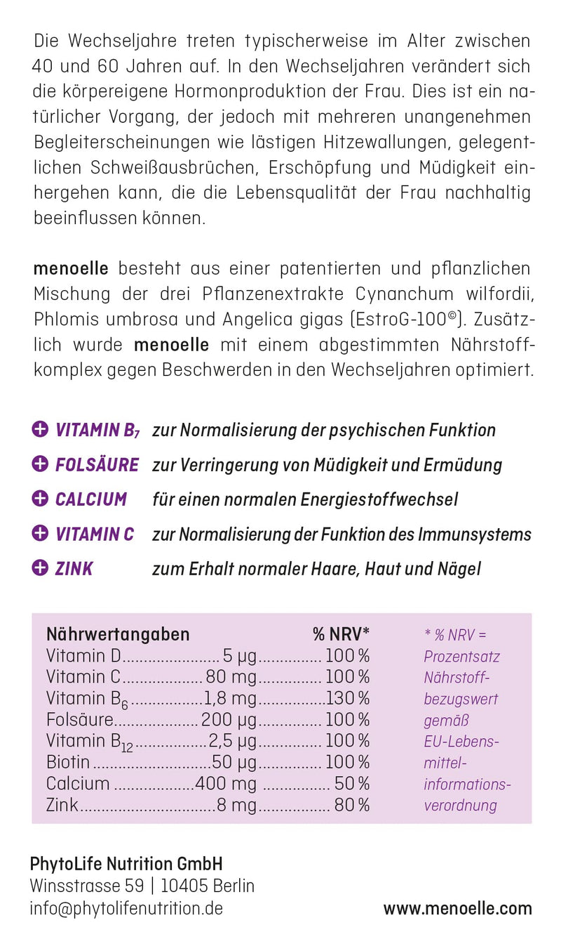 menoelle® menopause tablets, herbal with EstroG-100 extract. For hot flashes, insomnia and other symptoms. Hormone-free, vegan with no side effects. 60 tabs/month. - NewNest Australia