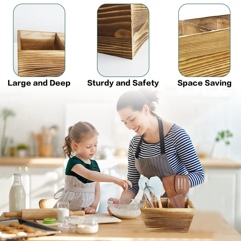 Wooden Utensil Holder Bamboo Organiser Kitchen Utensils Cutlery Holder with 2 Compartments, Wood Cutlery Caddy Holders, Cooking Tools Set Storage Pots (Natural with 2 Compartments) Natural With 2 Compartments - NewNest Australia