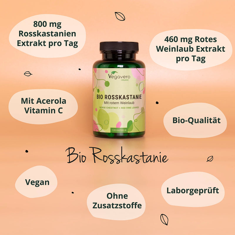 Horse Chestnut Extract Capsules Vegavero | 100% Organic | 800 Mg Extract With Grape Leaves & Natural Vitamin C | 120 Capsules | Aescin & Polyphenols | Veins Capsules | Vegan & Without Additives - NewNest Australia