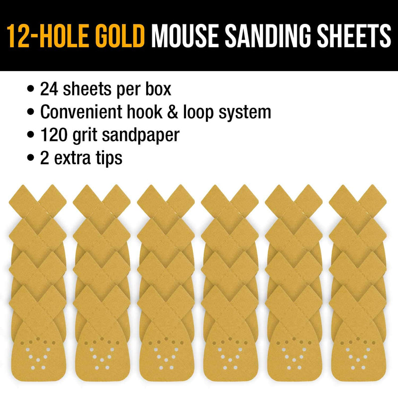 Dura-Gold Premium Mouse Detail Sander Sandpaper Sanding Sheets - 120 Grit (Box of 24) - 12 Hole Pattern Hook & Loop Triangle Shaped Mouse Discs - Fits Black and Decker, Woodworking Wood Crafting, Auto 120-Grit - NewNest Australia