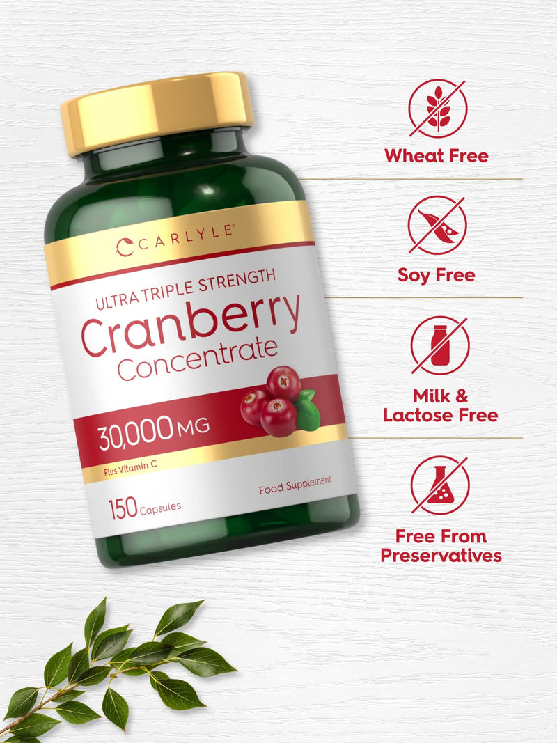 Triple Strength Cranberry 30,000mg Plus Vitamin C | 150 Capsules | High Strength Daily Supplement | Fast Acting | UTI Support for Men & Women | No Artificial Preservatives | by Carlyle - NewNest Australia