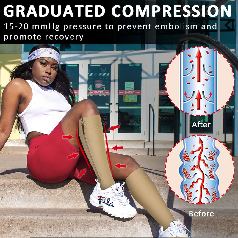 Ailaka Medical Compression Socks with Zipper, Knee High 15-20 mmHg Compression Socks for Women Men, Open Toe Support Socks for Varicose Veins, Edema, Recovery, Pregnant, Nurse 2X-Large (1 Pair) Beige - NewNest Australia