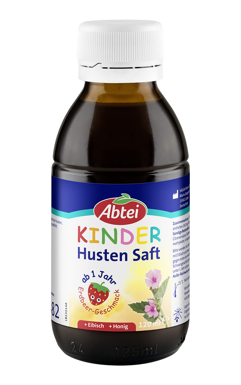 Abtei Children's Cough Juice - with strawberry flavor, marshmallow and honey - for children and toddlers from 1 year old - without alcohol, gluten-free, lactose-free - 1 x 120 ml - NewNest Australia