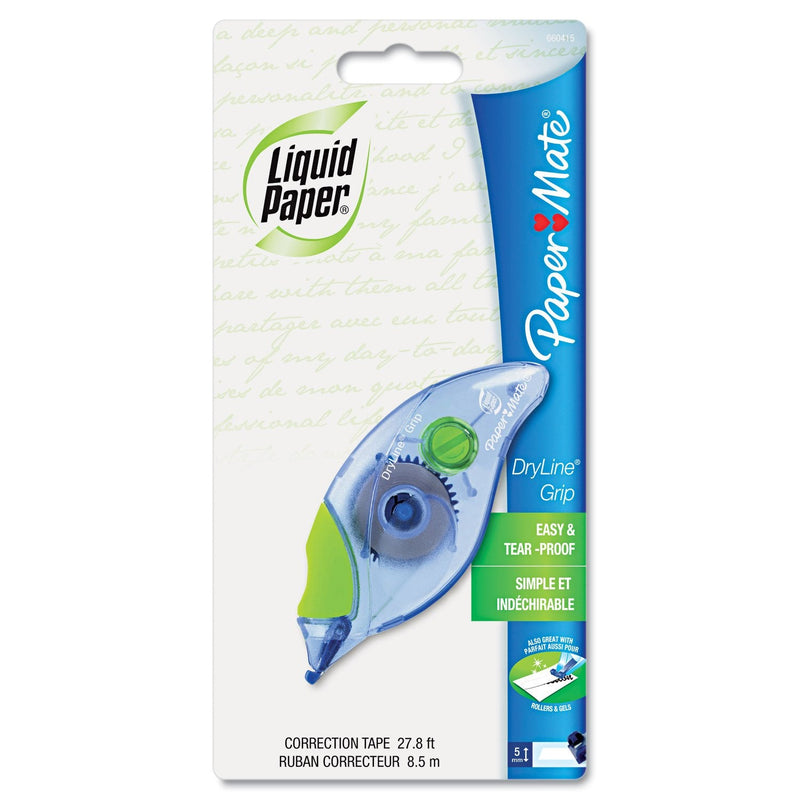 Paper Mate 660415 Liquid Paper DryLine Grip Correction Tape Dispenser, Pack of 4; Transparent Green Body; 1/5 inches Wide x 27.8 feet Long White Tape; Applies Dry, Rewrite Instantly; Swivel Tip - NewNest Australia