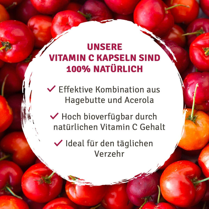 Highly dosed 600mg natural vitamin C from acerola extract and rosehip extract. 120 capsules in a 2 month supply. Highly usable, vegan + made in Germany. - NewNest Australia