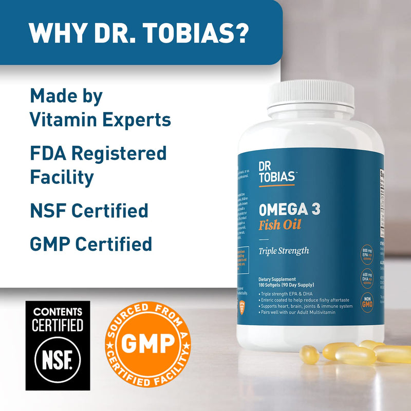 Dr. Tobias Omega 3 Fish Oil – Triple Strength Dietary Nutritional Supplement – Helps Support Brain & Heart Health, Includes EPA & DHA – 2000 mg per Serving, 60 Soft Gel Capsules - NewNest Australia