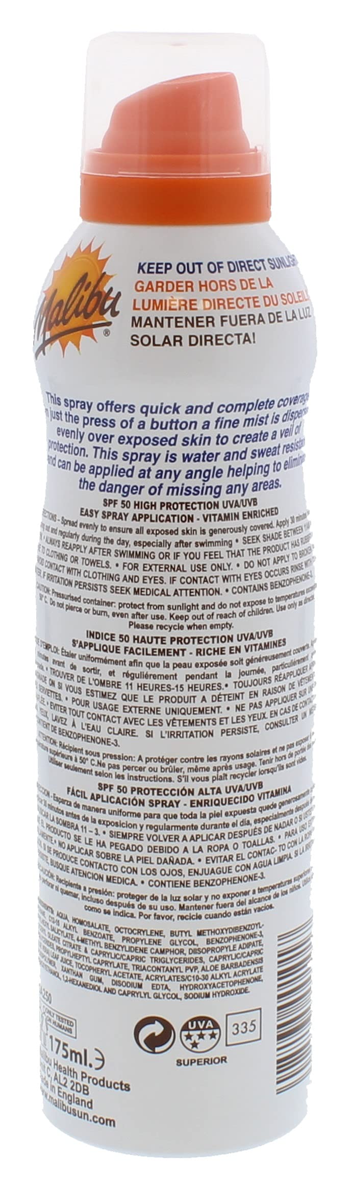 Malibu Kids High Protection Water Resistant SPF 50 Sun-Screen Continuous Lotion Spray, 175ml - NewNest Australia