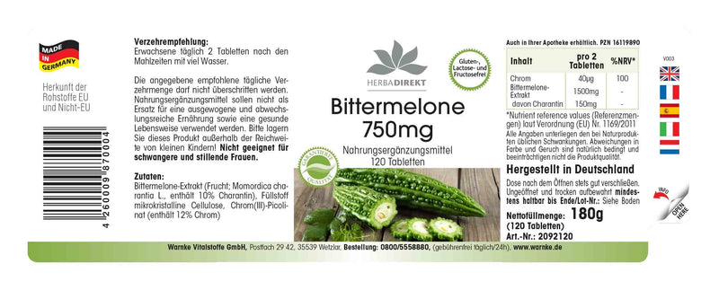 Bitter melon 750mg - high dose - vegan - 120 tablets - with chrome | HERBADIREKT by Warnke vital substances - NewNest Australia