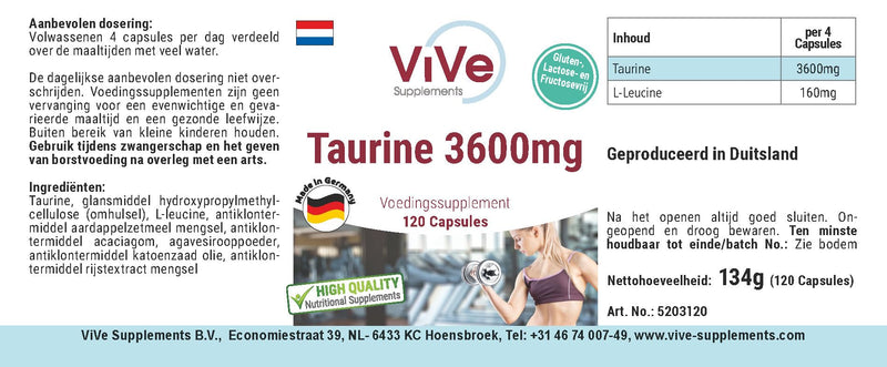 Taurine 3600mg daily consumption - 120 capsules - 900mg taurine per capsule - high dosage and vegan | Quality from Germany from ViVe Supplements - NewNest Australia