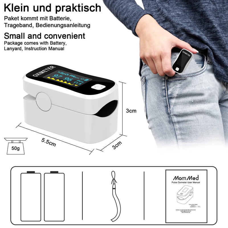 MOMMED oxygen saturation measuring device finger, pulse oximeter with alarm ideal for quickly measuring oxygen saturation, simple oximeter for children and adults, including lanyard and batteries - NewNest Australia