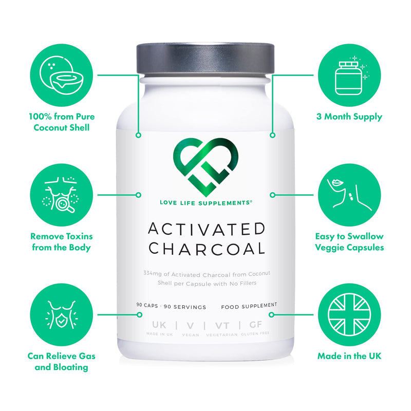 High Strength Activated Charcoal Capsules by LLS | 90 Capsules - 3 Month Supply | 334mg | For Gas, Bloating, Digestion, Flatulence, Detox | 100% Coconut Charcoal - Zero Fillers | Love Life Supplements - NewNest Australia