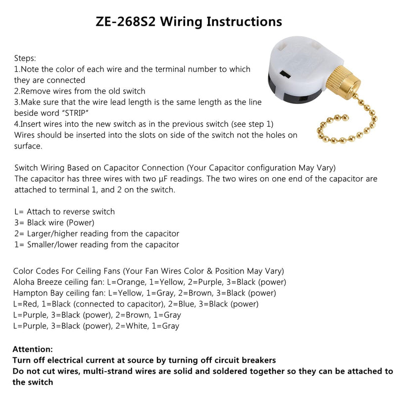 Ceiling Fan Switch Set 3 Speed 4 Wire Zing Ear ZE-268S2 Pull Chain Ceiling Fan Switch Ceiling Fan Speed Control Switch with Rope for Ceiling Fans, Wall Lamps, Cabinet Light, Brass - NewNest Australia