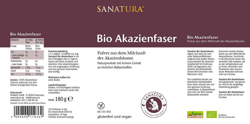 3 X 180 G Sanatura Organic Acacia Fiber Powder, 540 G, Valuable Fiber Supplier Made From Acacia Fibers, Soluble Fiber, Vegan, Gluten-Free And Fructose-Free, Well Tolerated - NewNest Australia