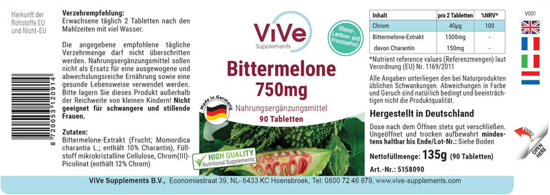 Bitter melon extract 750mg - 90 tablets + chromium picolinate - vegan - standardized to 10% charantin | Quality from Germany from ViVe Supplements - NewNest Australia