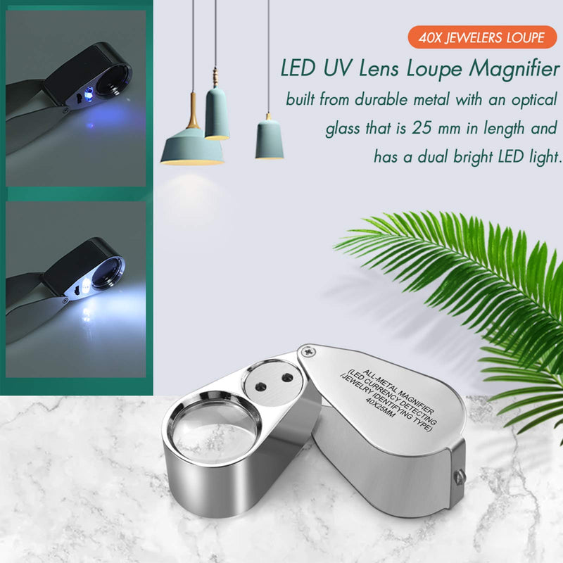 Leffis 40X Jewelers Loupe Magnifier Magnifying Glasses, LED/UV Illuminated Jewelry Loop Pocket Folding Magnifying Glass with Metal Construction for Close Work, Gardening, Kids, Stamp, Rock Collecting - NewNest Australia