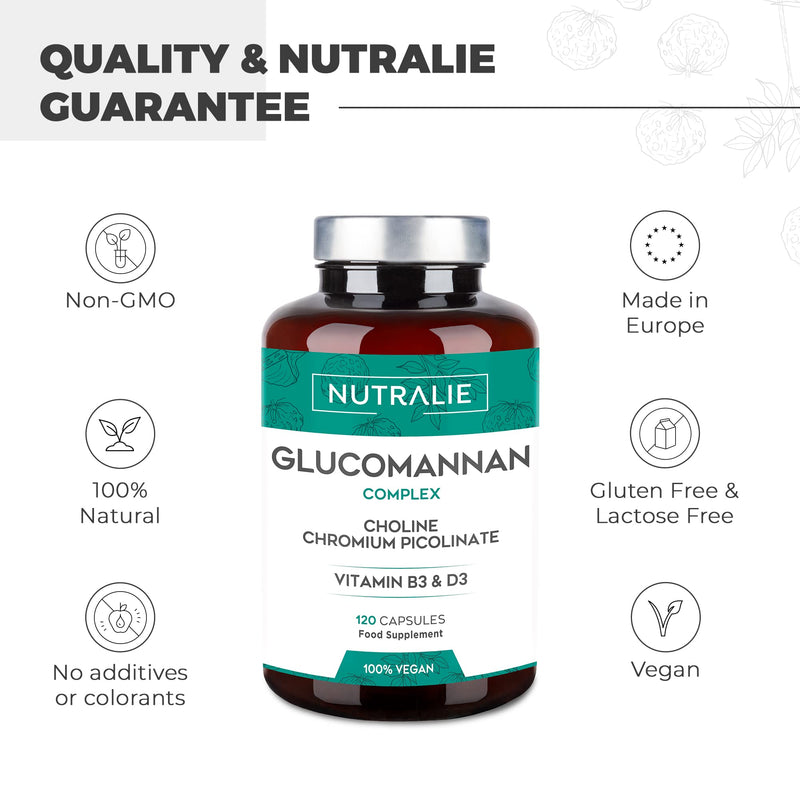 Nutralie Glucomannan Konjac | Helps Lose Weight, 100% Natural Appetite Suppressant With Choline Bitartrate, Chromium Picolinate And Vitamins B3 And D3 | 120 Vegan Capsules - NewNest Australia
