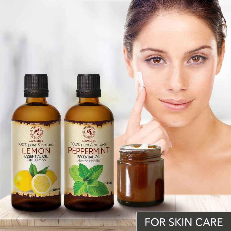 Peppermint Oil 100 Ml & Lemon Oil 100 Ml - Mentha Piperita - Citrus Lime - Pure Fragrance Oils Gift Set For Humidifier - Hair & Skin Care - Aromatherapy - Oil Burner - Diffuser - NewNest Australia