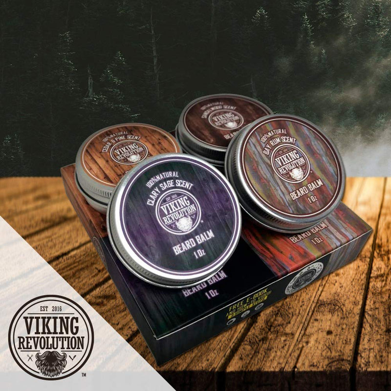 Viking Revolution Beard Balm Pack of 4 (28 g each) - Sandalwood, Cedar & Pine, Bay Rum, Clary Sage - Styles, Strengthens and Softens Beards & Mustaches - Nourishing Men 28.34 g (Pack of 4) - NewNest Australia