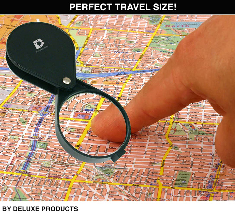 Deluxe Products Folding Pocket Magnifying Glass - Portable Compact Design for Travel, and 2.5" Glass Lens with 4X Magnification for Reading Small Print , and Hobbyists,Black,DP-7016 - NewNest Australia