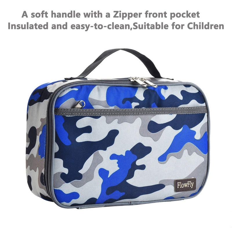 NewNest Australia - Kids Lunch box Insulated Soft Bag Mini Cooler Thermal Meal Tote Kit with Handle and Pocket for Girls, Boys by FlowFly,Blue Camo Blue 