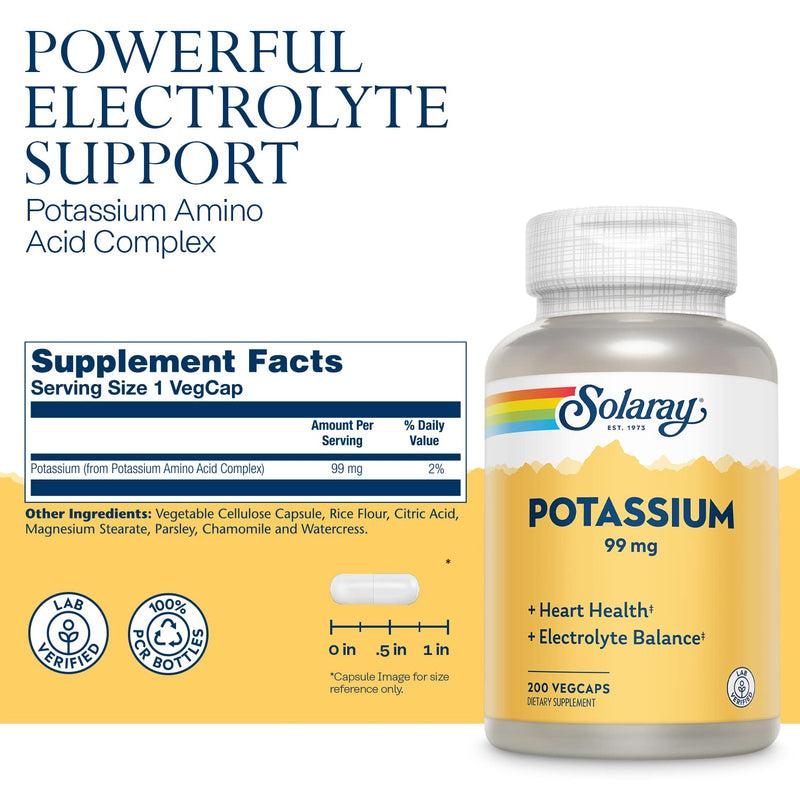 Solaray Potassium 99 mg, Fluid & Electrolyte Balance Formula, Cardiovascular, Nerve & Muscle Health Support, 200 VegCaps - NewNest Australia