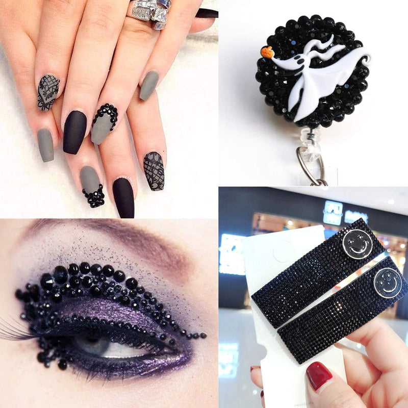 AD Beads 4300 Pieces Flat Back Nail Art Rhinestones Round Beads 6 Sizes (2-6.5mm) with Storage Organizer Box,Rhinestones Picking Pen for Nail Art Phone Decorations Crafts DIY (Black) Black - NewNest Australia