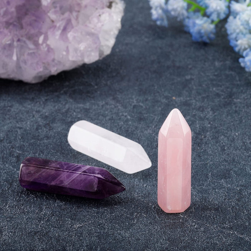 JOVIVI 3pc 35mm Healing Crystals Gemstones Set Amethyst Crystal Rose Quartz Clear Quartz Points Crystal Towers Reiki Stones Yoga Amulet Meditation Spiritual Home Decor Gifts 3pc 35mm Amethyst/Rose Quartz/Clear Quartz Crystal Wands Set - NewNest Australia