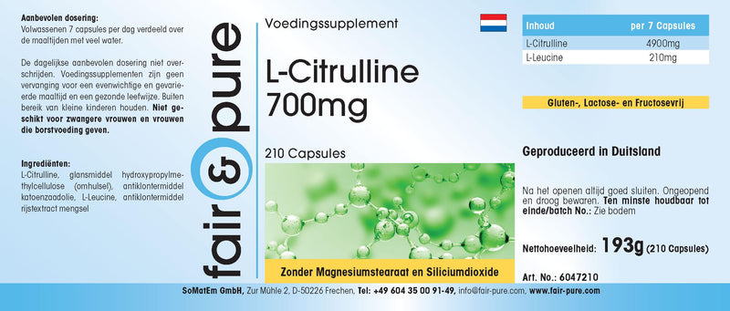 Fair & Pure® - L-citrulline capsules 700mg - vegan - amino acid - without magnesium stearate - 210 capsules - NewNest Australia