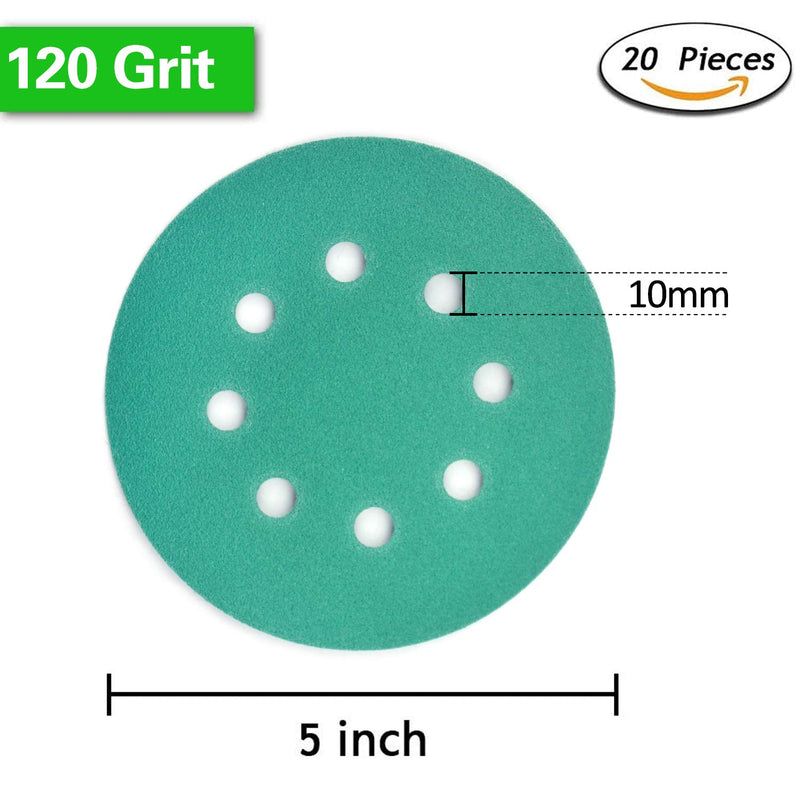 POLIWELL 5 Inch Sanding Discs 8 Holes 120 Grit Wet Dry Film-Backed Green Line Hook and Loop Dustless Power Random Orbital Sander Paper, for Car Paint Wood or Metal Grinding and Polishing, 20 Pack 120-Grit - NewNest Australia