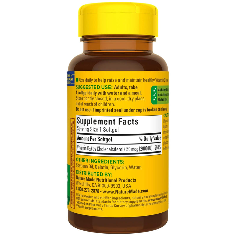 Nature Made Vitamin D3, 90 Softgels, Vitamin D 2000 IU (50 mcg) Helps Support Immune Health, Strong Bones and Teeth, & Muscle Function, 250% of the Daily Value for Vitamin D in One Daily Softgel 90 Count - NewNest Australia
