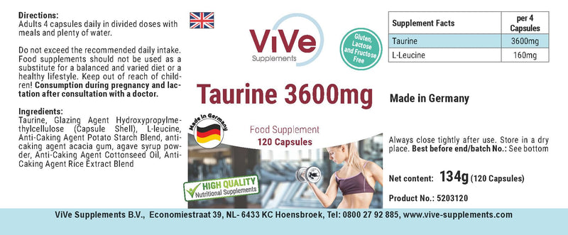 Taurine 3600mg daily consumption - 120 capsules - 900mg taurine per capsule - high dosage and vegan | Quality from Germany from ViVe Supplements - NewNest Australia