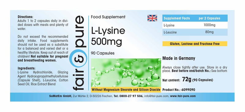Fair & Pure® - L-Lysine capsules 500mg - vegan - without magnesium stearate - essential amino acid - 90 capsules - NewNest Australia
