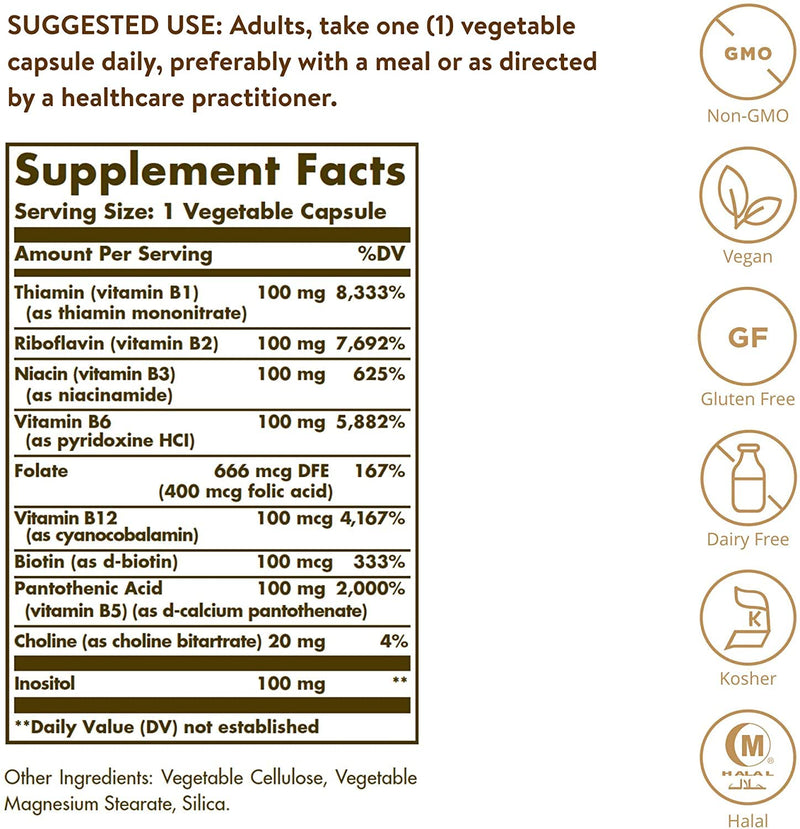 Solgar B-Complex "100", 100 Vegetable Capsules - Heart Health - Nervous System Support - Supports Energy Metabolism - Non GMO, Vegan, Gluten Free, Dairy Free, Kosher, Halal - 100 Servings 100 Count (Pack of 1) - NewNest Australia