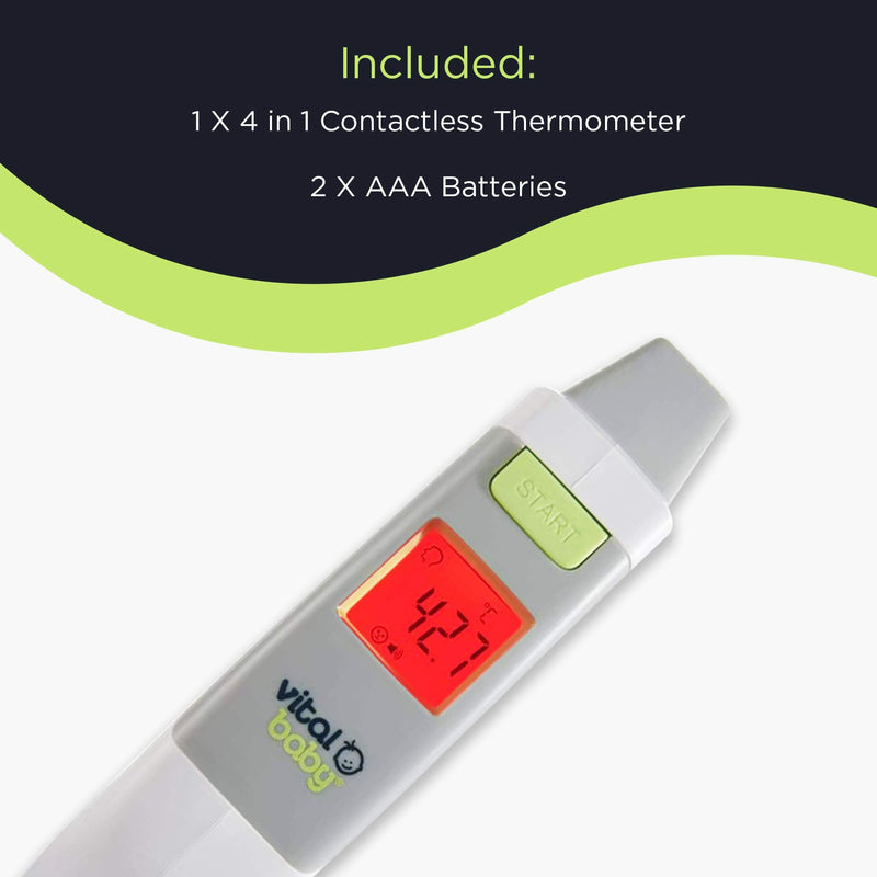 Vital Baby PROTECT 4 in 1 Contactless Thermometer - Different Modes Including Forehead, Ear, Room and Liquid - LCD Display - Colour Change Fever Alert - No Touch Temperature Checker Gun - NewNest Australia