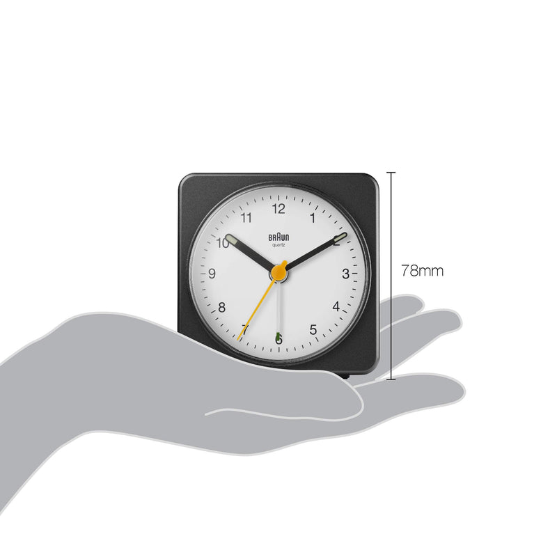 NewNest Australia - Braun Classic Analogue Alarm Clock with Snooze and Light, Quiet Quartz Sweeping Movement, Crescendo Beep Alarm in Black and White, Model BC03BW. 