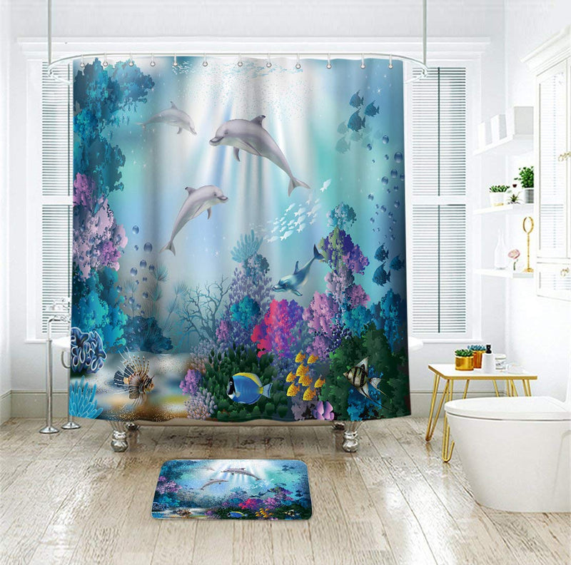 Riyidecor Dolphin Shower Curtain Underwater Algaes Coral Reefs Sunbeam Tropical Fish Marine Wildlife Ocean Animal Seabed Bathroom Decor Fabric Polyester Waterproof 72Wx72H Inch 12 Pack Plastic Hooks - NewNest Australia