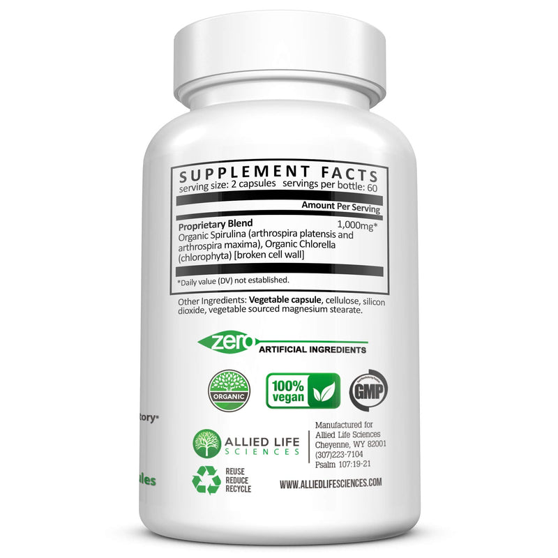 Allied Life Spirulina and Chlorella | Organic Chlorophyll Vegan Protein Powder Green Superfood | 120 Capsules 120 Count (Pack of 1) - NewNest Australia