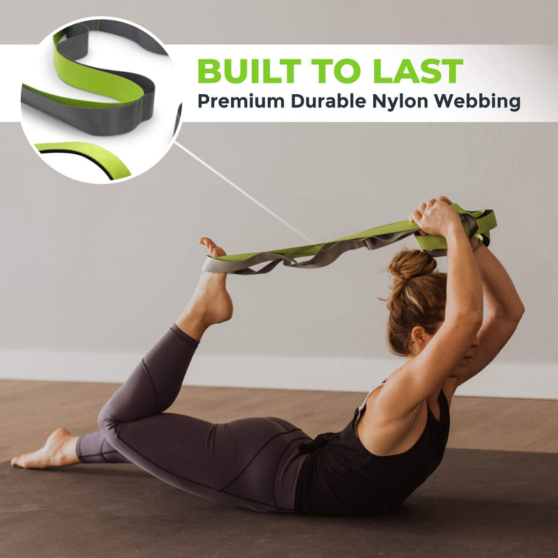 Gradient Fitness Stretching Strap, Premium Quality Multi-Loop Strap, Neoprene Padded Handles, 12 Loops, 1.5" W x 8' L Green/Grey - NewNest Australia