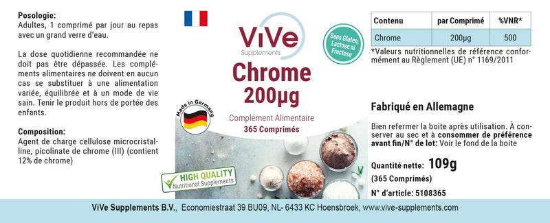 Chromium Picolinate - 200mcg Chromium - 365 tablets - High dosage - Vegan | Quality from Germany from ViVe Supplements - NewNest Australia