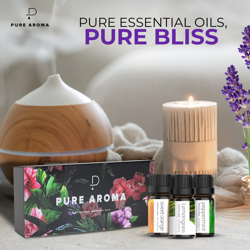 Essential Oils by PURE AROMA 100% Pure Therapeutic Grade Oils kit- Top 6 Aromatherapy Oils Gift Set-6 Pack, 10ML(Eucalyptus, Lavender, Lemon Grass, Orange, Peppermint, Tea Tree) - NewNest Australia