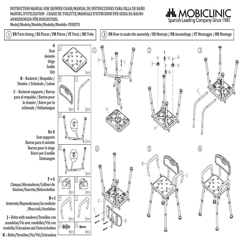 Mobiclinic, Model Puerto Bath Chair For Disabled People Shower Aid Bath Stool For Elderly Bathing Seat With Backrest Height Adjustable Non-Slip Feet Padded Armrests Lightweight - NewNest Australia