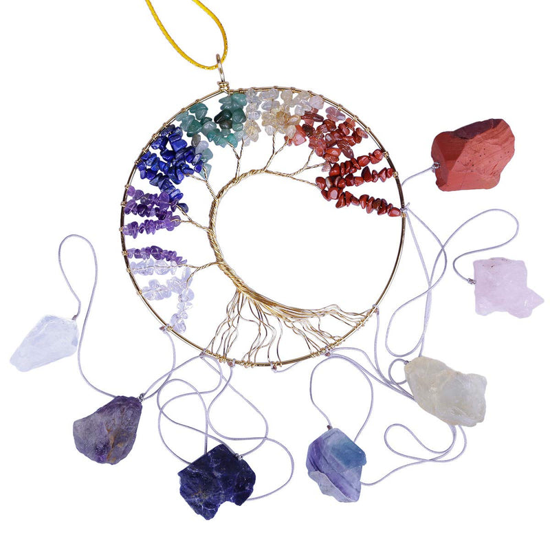 NewNest Australia - TUMBEELLUWA 7 Chakra Tree of Life Stone Hanging Ornament Healing Raw Crystal Stone Quartz Stone Wall Hanger Reiki Home or Office Decoration, Rainbow & 7 Chakra #1 Rainbow & 7 Chakra 