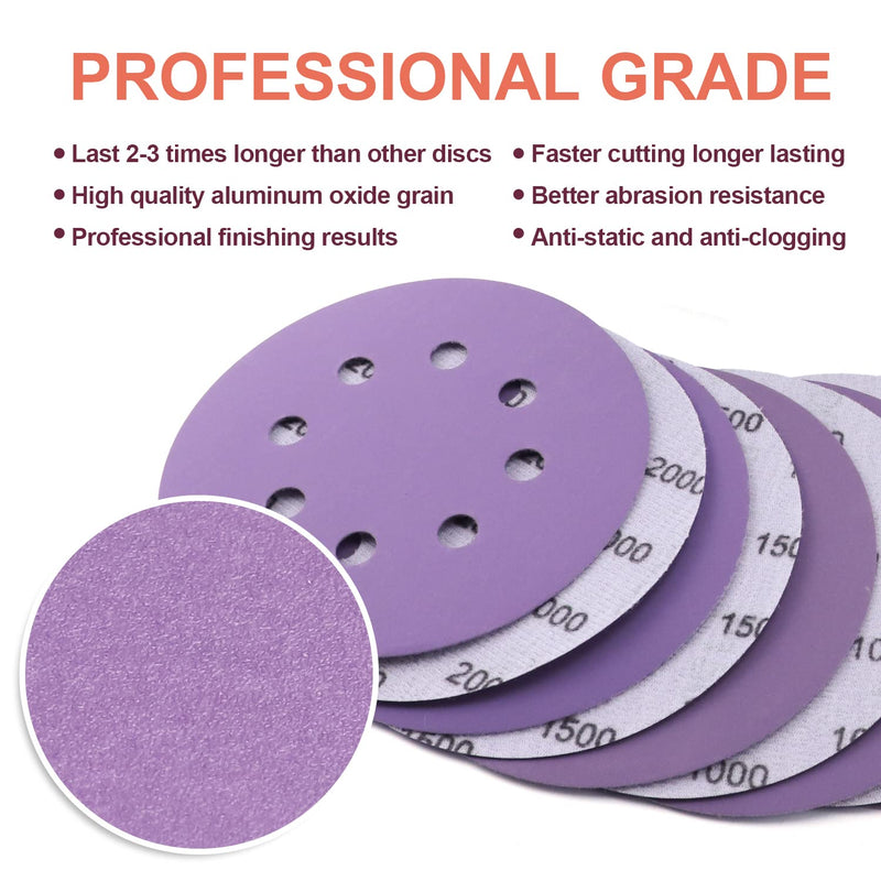 POLIWELL 60PCS 5 Inch Sanding Discs Hook and Loop 8 Hole Wet Dry, 400 600 800 1000 1500 2000 Grit Assorted Sandpaper with Interface pad, Purple Film Orbital Sander Sandpaper - NewNest Australia